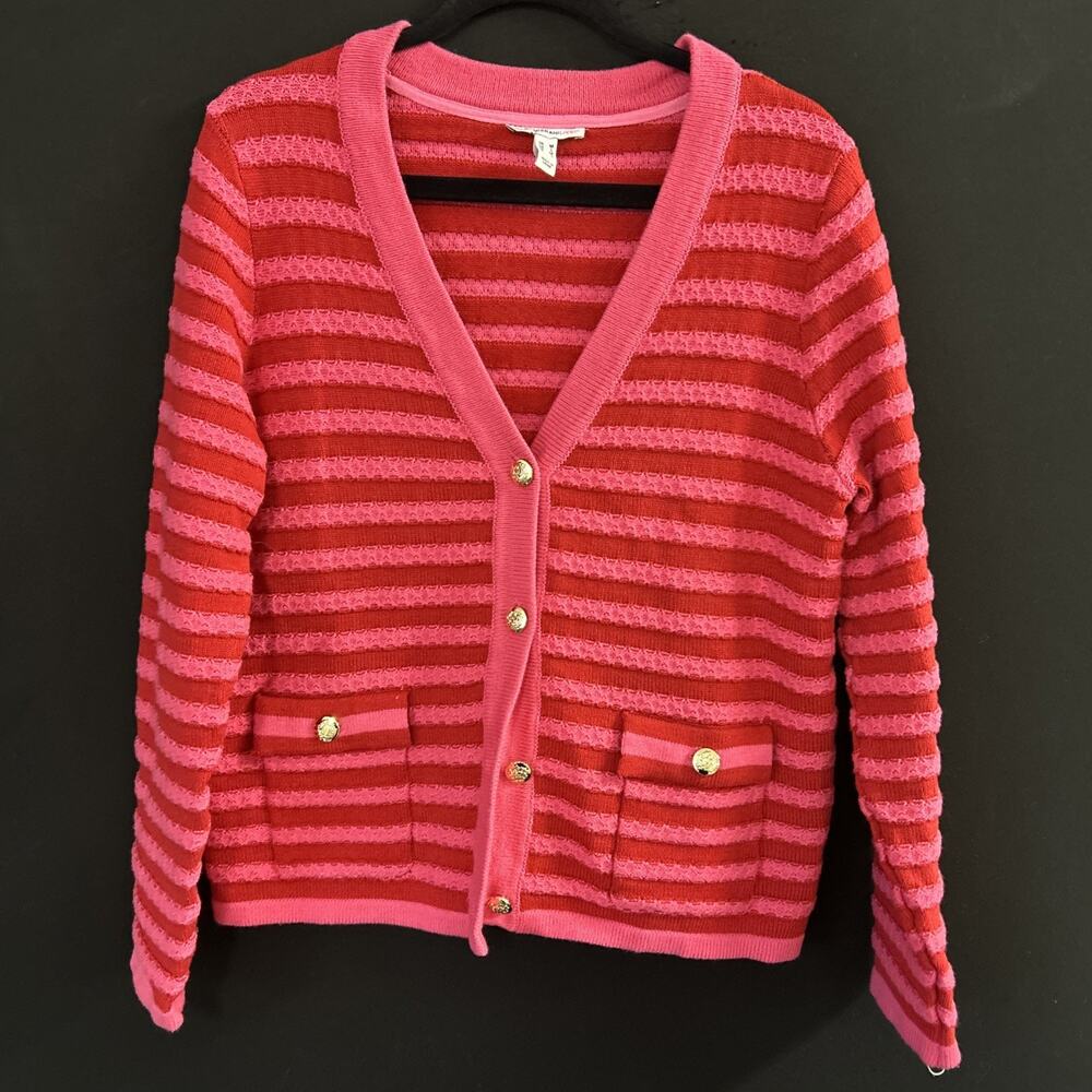 Isaac Mizrahi Women's Cardigan Sweater Medium Striped Pink and Red Long Sleeve